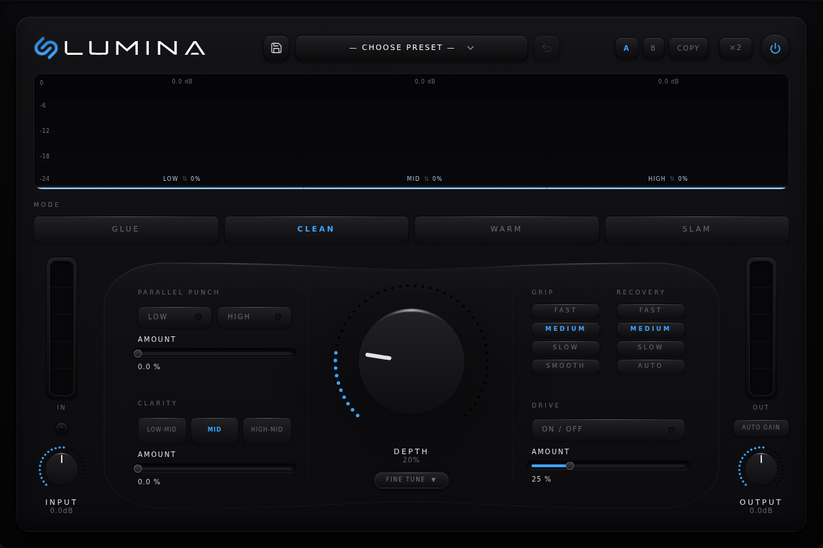 Lumina plugin window: a three-band dynamics processor with a Depth knob and four modes
