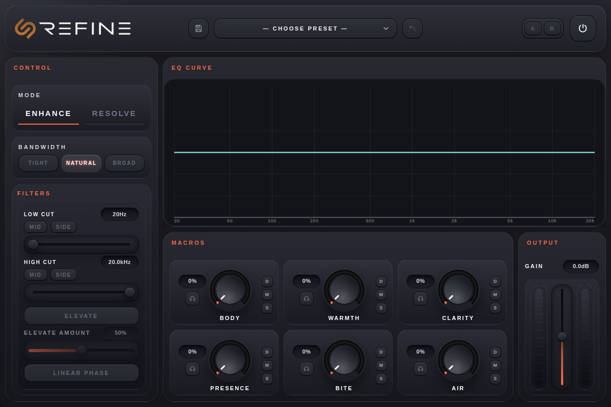 Refine plugin window: a tone shaper with an EQ curve and six macro knobs