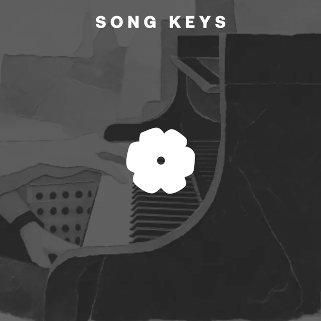 Song Keys product artwork: a monochrome paper collage of a grand piano, with the Song Keys name and a white flower mark
