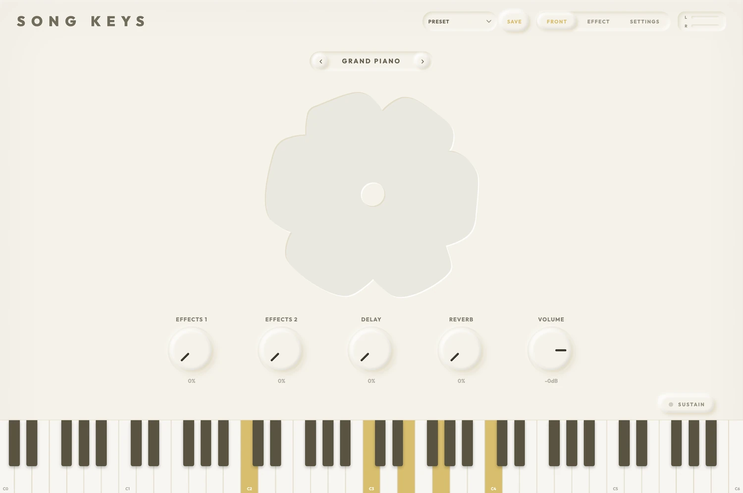 The Song Keys plugin window: a piano keyboard under a white flower mark, with the sound and effect controls around it