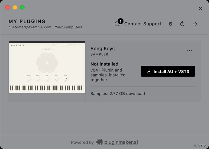 The Song Athletics installer: My plugins, with Song Keys (its window as the thumbnail) not installed yet and an Install AU + VST3 button