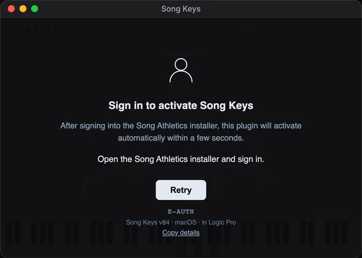 Song Keys’ licence screen: Sign in to activate Song Keys, through the Song Athletics installer, with a Retry button