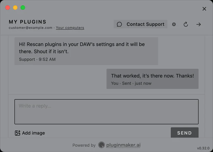 The support chat inside the Song Athletics installer: support tells a customer to rescan plugins, and the customer writes back that it worked